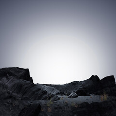 rock niche dark rough surface meteorite mountain light shadow platform product display advertisement skincare stand background black stone strong planet nature.3d render