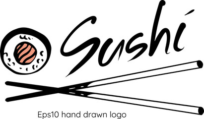 Vector sushi restaurant hand drawn logo with maki roll and chopsticks isolated on white background © Tatyana