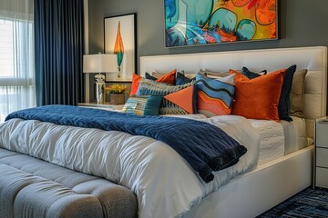 Bed and wall art in modern bedroom