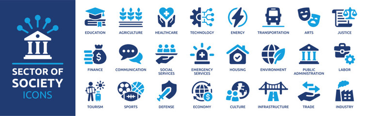Naklejka premium Sector of society icon set. Containing agriculture, education, healthcare, energy, technology, transportation, arts, justice and more. Solid vector icons collection. 
