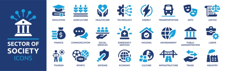 Foto auf Alu-Dibond Sector of society icon set. Containing agriculture, education, healthcare, energy, technology, transportation, arts, justice and more. Solid vector icons collection.  © Icons-Studio