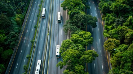 An aerial view of a busy highway where a fleet of biofuelpowered buses can be seen cruising along in designated bus lanes. The highways are surrounded by lush green trees showcasing .