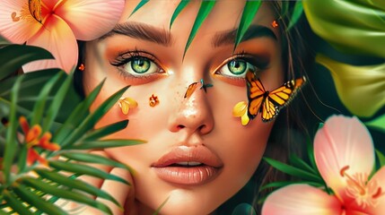 Beautiful fashion women with butterfly and leaves with abstract design elements 