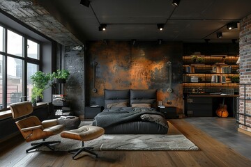 Black bedroom in loft style