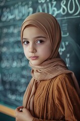 Naklejka premium A close-up portrait of a Muslim girl in a school classroom answering at the blackboard. Leading the way with intelligence and grace.