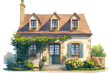 Watercolor French house with a red roof. The house has a garden with flowers and plants. - 781802491