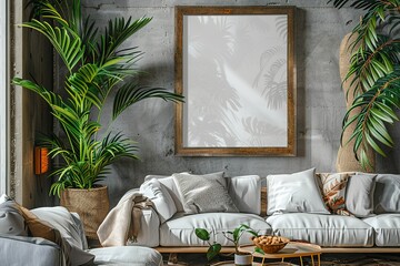 Blank wooden picture frame on wall in modern livingroom interior, mockup template, studio photo, Cinematic, Photoshoot, Shot on 65mm lens, Shutter Speed 1 4000, F 1.8 White Balance, 32k, Super-Resolut