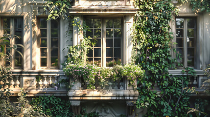 Fototapeta na wymiar Lush Ivy-Covered Building in a Summer Landscape, Natures Greenery Merging with Architectural History in Harmony