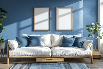 Blue and white living room interior with sofa and drawer, mockup