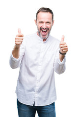 Middle age hoary senior man over isolated background success sign doing positive gesture with hand, thumbs up smiling and happy. Looking at the camera with cheerful expression, winner gesture.