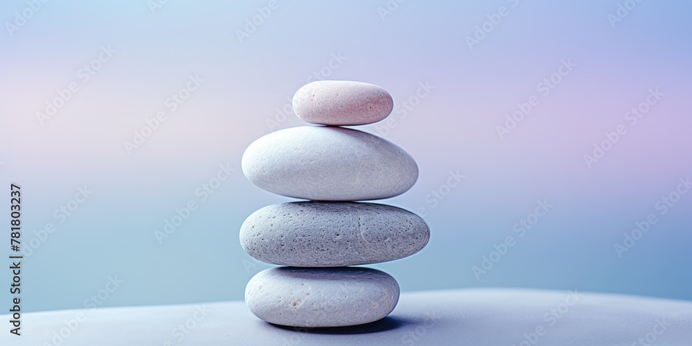 Poster a stack of white rocks on a beach. the rocks are arranged in a pyramid shape. concept of calm and tr