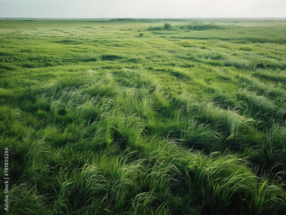 Poster a field of grass is very green and has a lot of weeds. the field is very open and there is no sign o