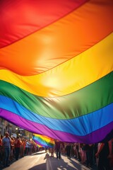 A rainbow flag is being held by a group of people. Scene is celebratory and joyful