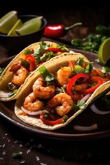 Two tacos with shrimp and peppers on a plate. The plate is on a wooden table. There is a bowl of lime wedges on the table