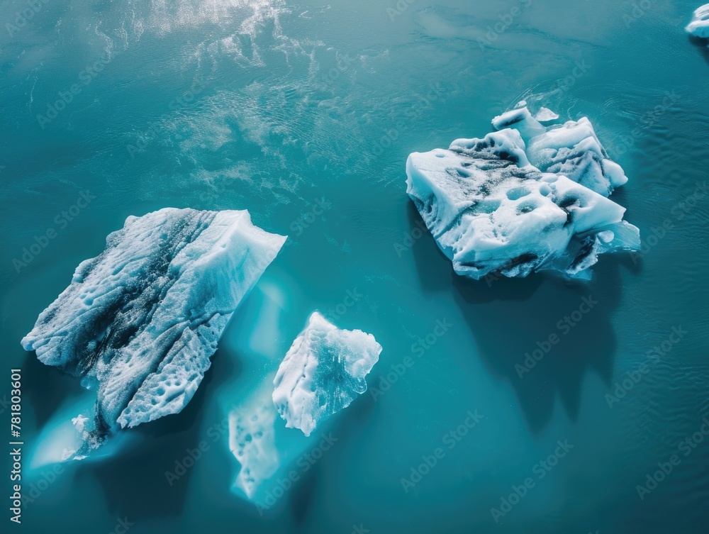 Poster a blue ocean with ice floating on top. the ice is in various shapes and sizes