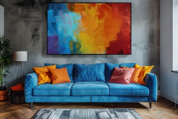 cheerful and happy mood living room idea of home decor design with colorful abstract painting art wall hanging picture, mockup idea