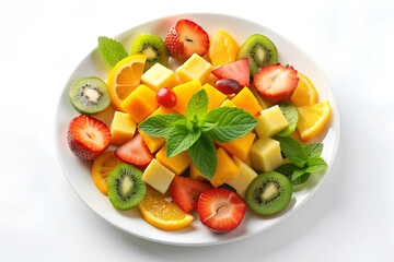 Colorful fruit salad with fresh strawberries, kiwi, orange, mango, and mint on a white plate