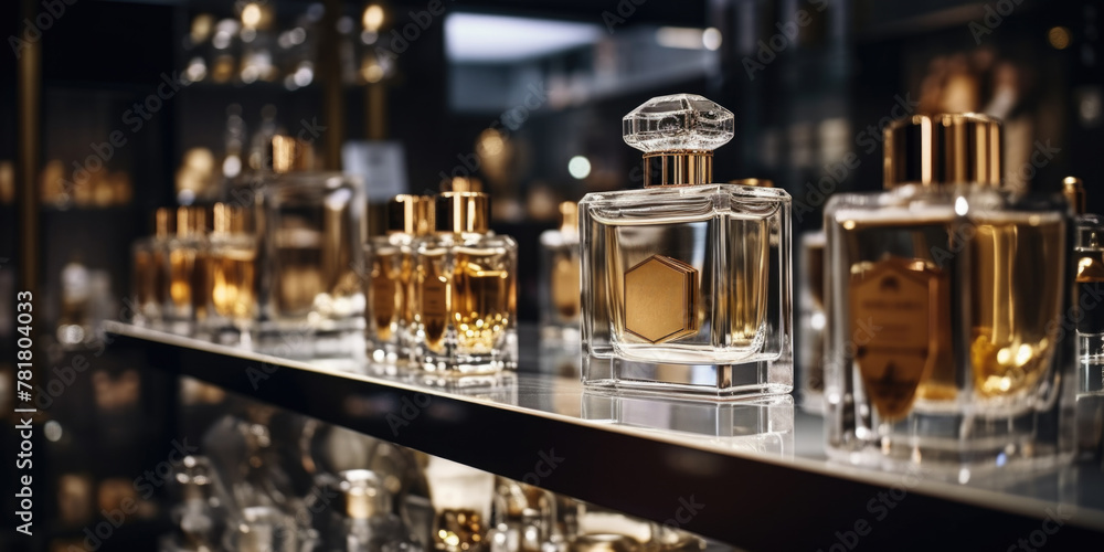 Poster a display of perfume bottles on a shelf. the bottles are of different sizes and colors. the bottles 
