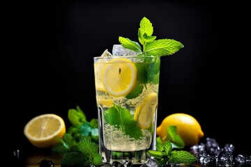 Fototapeta premium Lemonade in a glass with lemon, mint and ice on a dark background with copy space for text 