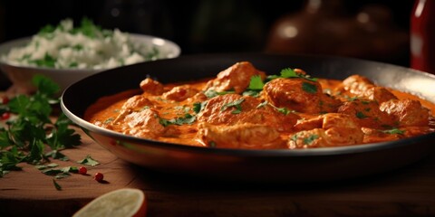 A bowl of red curry with chicken and parsley. The curry is served in a black bowl and is accompanied by rice