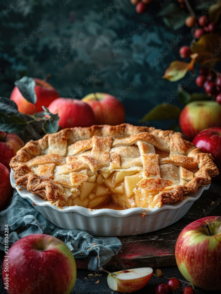 Poster a pie with a slice missing sits on a table with apples. the pie is golden brown and has a lattice cr