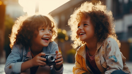 Two young children are smiling and holding a camera. They seem to be enjoying themselves and taking a photo together - Powered by Adobe