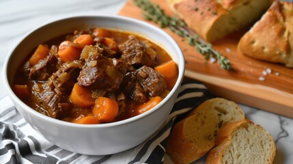 A bowl of stew with carrots and meat sits on a wooden cutting board next to a loaf of bread