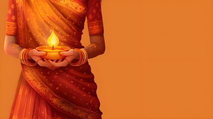 indian woman in traditional kerala attair holding a traditional bowl. Orange background with inscription for text. Religious template - obrazy, fototapety, plakaty