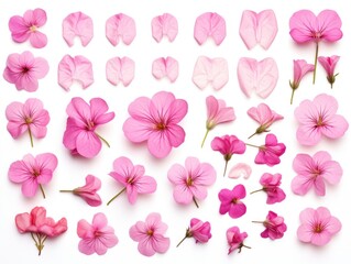 A collection of pink flowers with varying sizes and shapes. The flowers are arranged in a way that creates a sense of movement and flow. Scene is one of beauty and serenity