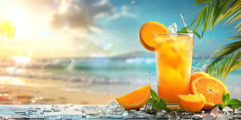 Summer concept beach background with palm tree and cold drinks drinks in the beach