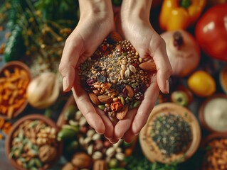 A hand is holding a handful of nuts and seeds. The hand is surrounded by a variety of food items, including fruits, vegetables, and nuts. Concept of abundance and variety - obrazy, fototapety, plakaty