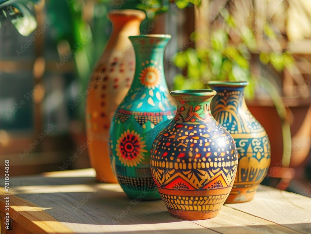 Poster three vases with different designs and colors sit on a wooden table. the vases are arranged in a row