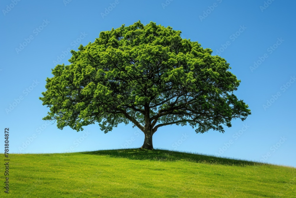 Poster a large tree stands in a grassy field with a clear blue sky above it. the tree is the focal point of