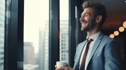 A man in a suit is smiling and holding a cup of coffee. Concept of relaxation and contentment, as the man is enjoying his coffee break in a busy city. The combination of the man's attire