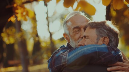 Two men hug each other in a park. Scene is warm and affectionate - obrazy, fototapety, plakaty