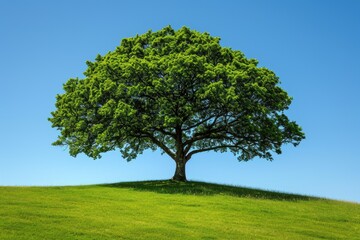 A large tree stands in a grassy field with a clear blue sky above it. The tree is the focal point of the image, and the grassy field and blue sky create a peaceful and serene atmosphere
