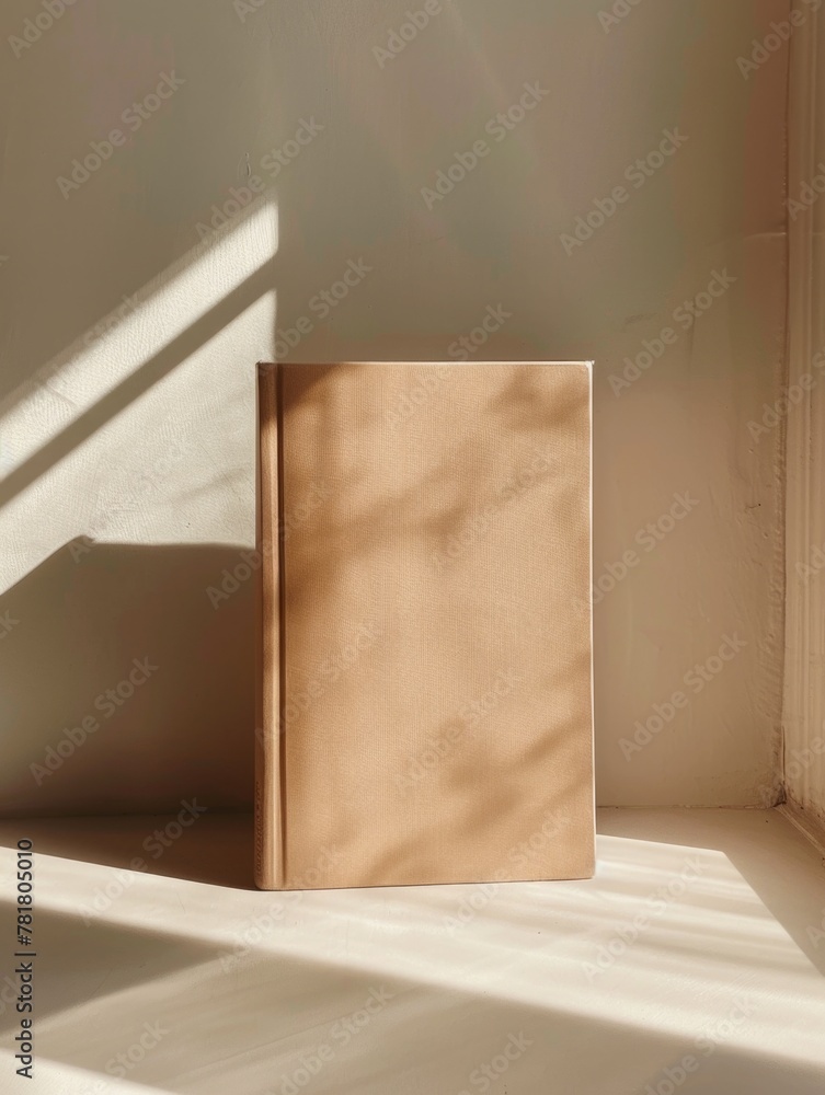 Poster a book is sitting on a table in front of a window. the sunlight is shining on the book, creating a w