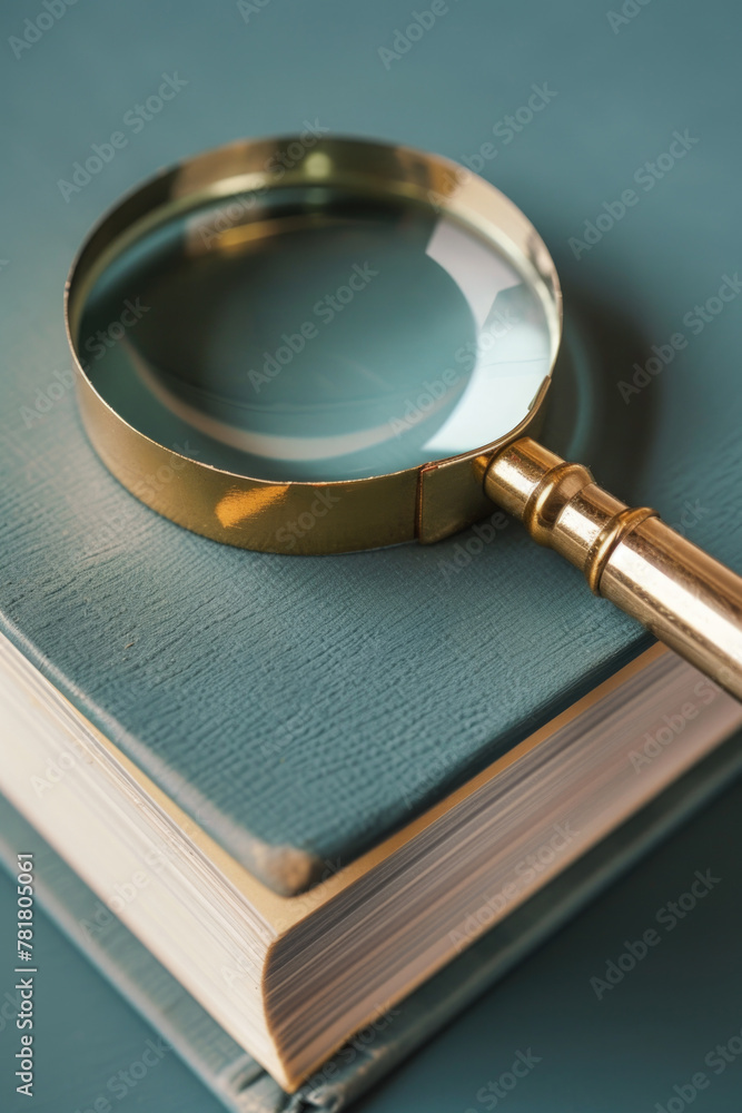 Poster a magnifying glass is on top of a book. the book is open to a page with a word on it. the magnifying