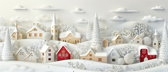 Winter village scene in 3D paper cut style, snow-covered houses,