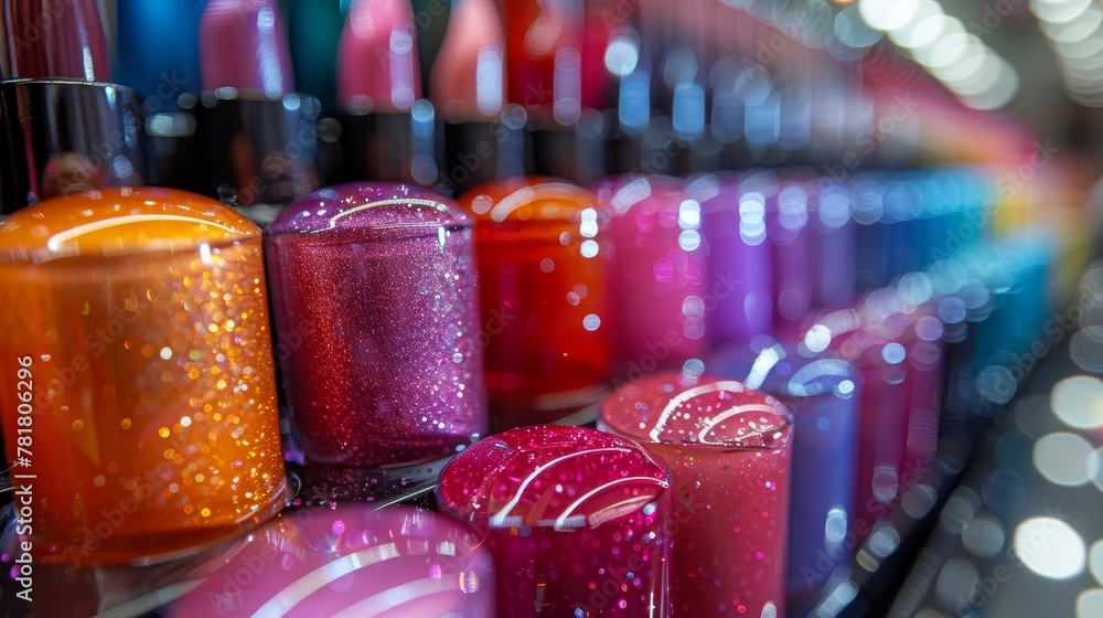 Poster a row of brightly colored candles aligns on a display case, surrounded by various hues of candles be