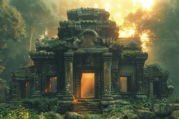 An ancient temple lost in the jungle. The temple's intricate archways frame a view of the surrounding jungle, a reminder of the seamless connection between man and nature. - obrazy, fototapety, plakaty