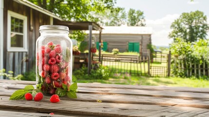 Homemade dessert of canned raspberries in a glass jar on a wooden table.