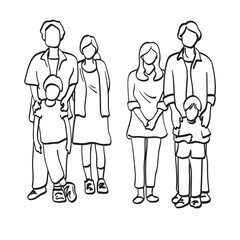 two family with father mother and son standing together illustration vector hand drawn isolated on white background