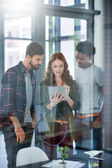 Teamwork, office and designer with tablet, planning and creative for project, online and research for job. Group, people and employees in meeting, woman and men in publicist, agency and business