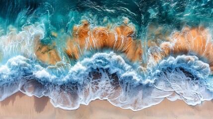  beach with waves crashing onto the sand, revealing an orange driftwood piece submerged in the water - obrazy, fototapety, plakaty