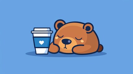   A brown  bear naps beside a blue mug of coffee on a heart-drawn blue backdrop