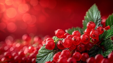   A tight shot of red berries, adorned with green foliage and dotted with dewdrops atop