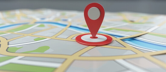 The red GPS marker acts as a digital compass, pointing users in the right direction on the map. Its bold color stands out, ensuring that users can easily locate their desired destination. - obrazy, fototapety, plakaty