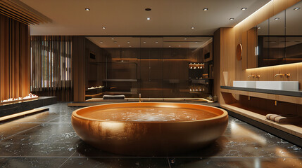 Luxury Spa Bathroom Interior in Modern Design, Elegance with Marble Flooring and Bathtub, Serene Relaxation Space