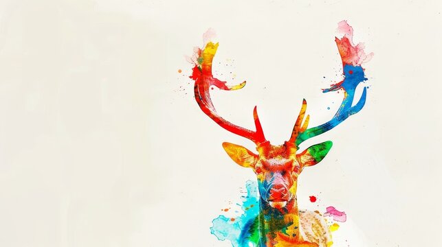   A watercolor painting of a deer's head adorned with colored antler splatters